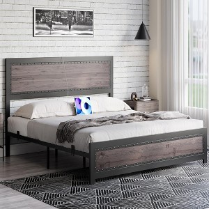 Full Size Bed Frame with Headboard, Industrial Platform Bed Frame with Charging Station, No Box Spring Required, Easy to Assemble - 1 of 4