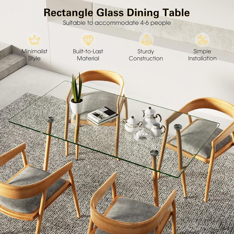 Tangkula 51” Glass Dining Table Modern Rectangular Table w/ Spacious Tempered Glass Tabletop & Wood Grain Metal Legs, 4 of 11