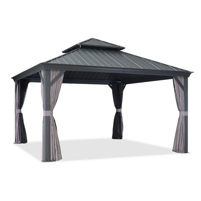 PURPLE LEAF Outdoor Gazebo Aluminum Frame Galvanized Steel Double Roof Patio Hardtop Gazebo with Curtains and Netting for Patio Lawn and Garden, Grey