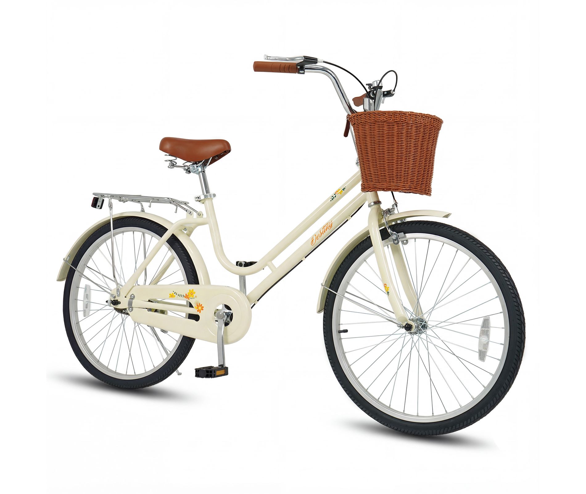 Gymax 24-Inch Beach Cruiser Bike w/Adjustable Seat Woven Basket & Rear Rack Beige