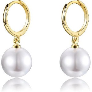 Gold Shell Pearl Drop Hoops: Handmade Lightweight Dangle Earrings with Red Accents - 1 of 4