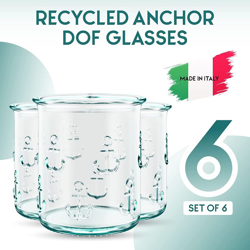 Amici Home Italian Recycled Anchor Double Old Fashioned Glasses, Drinking Glassware with Green Tint, Embossed Anchor Design, Set of 6,12-Ounce, 3 of 9