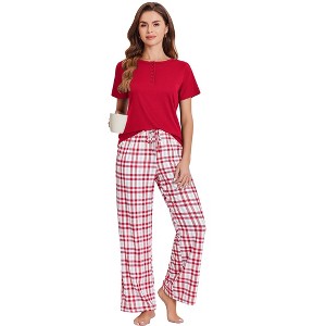 Ekouaer Womens Pajamas Sets Soft Ribbed Knit PJs Short Sleeve Sleepwear Sets Button Plaid Lounge Set - 1 of 4