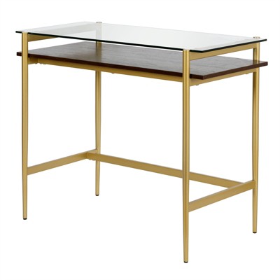 Eaton Mid-Century Brass Desk with Tempered Glass Top and Walnut Shelf
