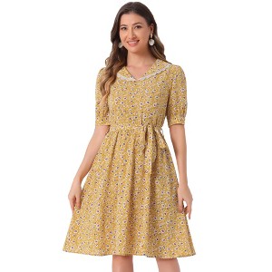 INSPIRE CHIC Women's Vintage Floral Peter Pan Collar High Waist Puff Sleeve A-line Midi Dress - 1 of 4