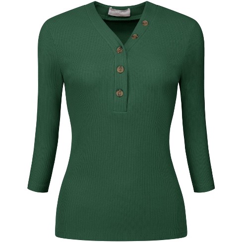 Hobemty Women's Basic V Neck Button 3/4 Sleeve Knitted Henley Shirts Green  XX-Large