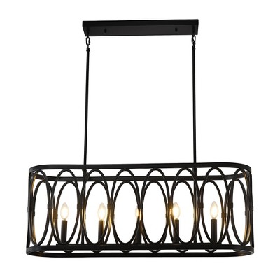 PAKOKULA Industrial 5 light Black Rustic Oval Island Pendant Light Linear Chandelier