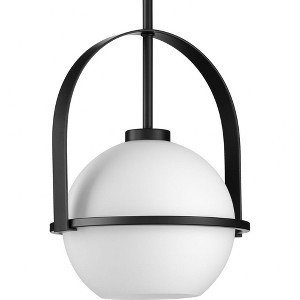 Progress Lighting Delayne 1-Light Pendant, Matte Black, Opal Glass Globe, Mid-Century Design - 1 of 1