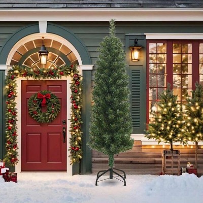 vidaXL Artificial Christmas Tree Green PVC, Steel, Plastic Slim - 82.7" Green without flocked white snow