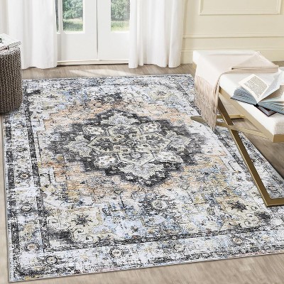Washable Area Rug Vintage Floral Boho Throw Rug with Non-Slip Backing Stain Resistant Low-Pile Soft Carpet for Living Room Bedroom