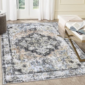 Washable Area Rug Vintage Floral Boho Throw Rug with Non-Slip Backing Stain Resistant Low-Pile Soft Carpet for Living Room Bedroom - 1 of 4