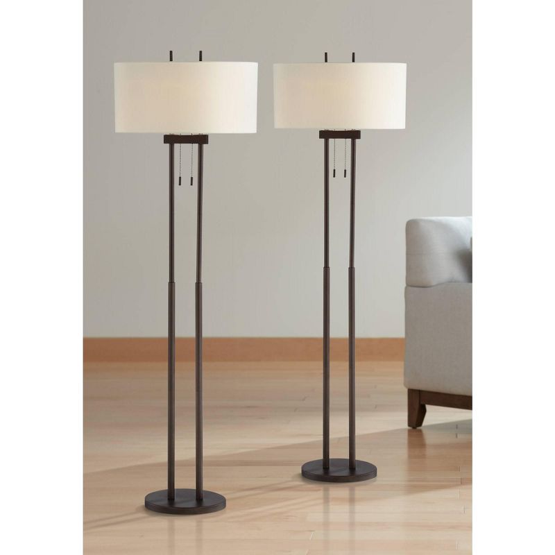 Franklin Iron Works Roscoe Modern 62" Tall Standing Floor Lamps Set of 2 Lights Twin Pole Pull Chain Brown Roman Bronze Finish Living Room Bedroom, 2 of 10