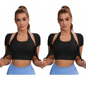 INSPIRE CHIC 2 Pcs Women's Halter Neck Short Sleeve Workout Crop Front Closure Slim Fit Fitness T Shirts - 1 of 4