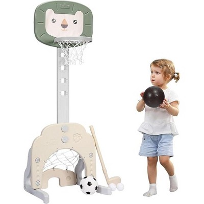 Costzon Toddler Basketball Hoop, 3-in-1 Sports Center with 5 Height Settings, Basketball Soccer Golf Set, Indoor/Outdoor Toy for Boys & Girls