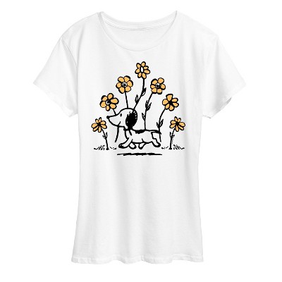 Women's Peanuts Vintage Snoopy 1950 with Yellow Flowers Short Sleeve  Graphic T-Shirt - White - Small