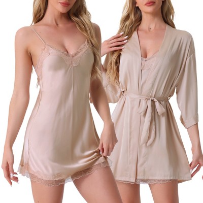cheibear Women's Satin Robe with Belt and V-neck Lace Trim Nightshirt 2-piece Pajamas