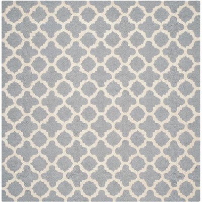 Hand-Tufted Silver and Ivory Wool Geometric Rug, 6' Square