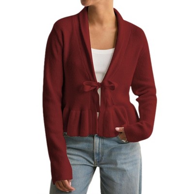 Women's Casual Draped Open Front Cropped Cardigan Long Sleeve Sweater Peplum Knit Outwear