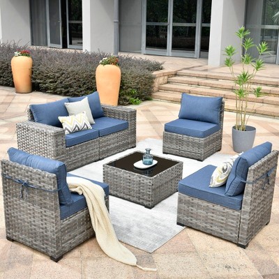 XIZZI 6 PCS Patio Furniture Set, Wide Armrest Outdoor Sectional Sofa, All Weather PE Rattan Outside Conversation Set with Coffee Table, Denim Blue