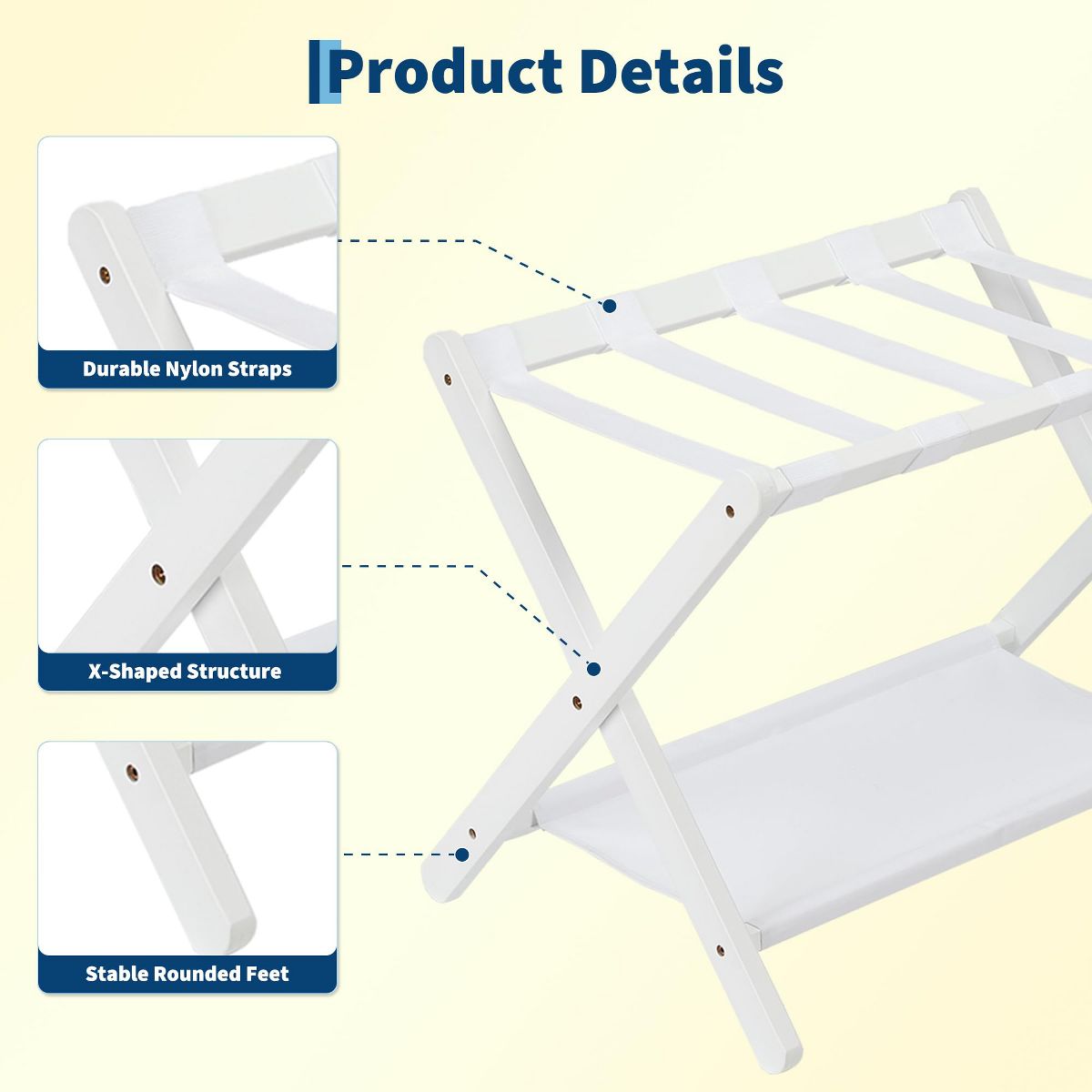 2-Pack Folding Bamboo Luggage Rack with Storage Shelf, Suitcase Stand with Nylon Straps, 110 lb Capacity for Bedroom, Hotel, Living Room, White - thumbnail 6
