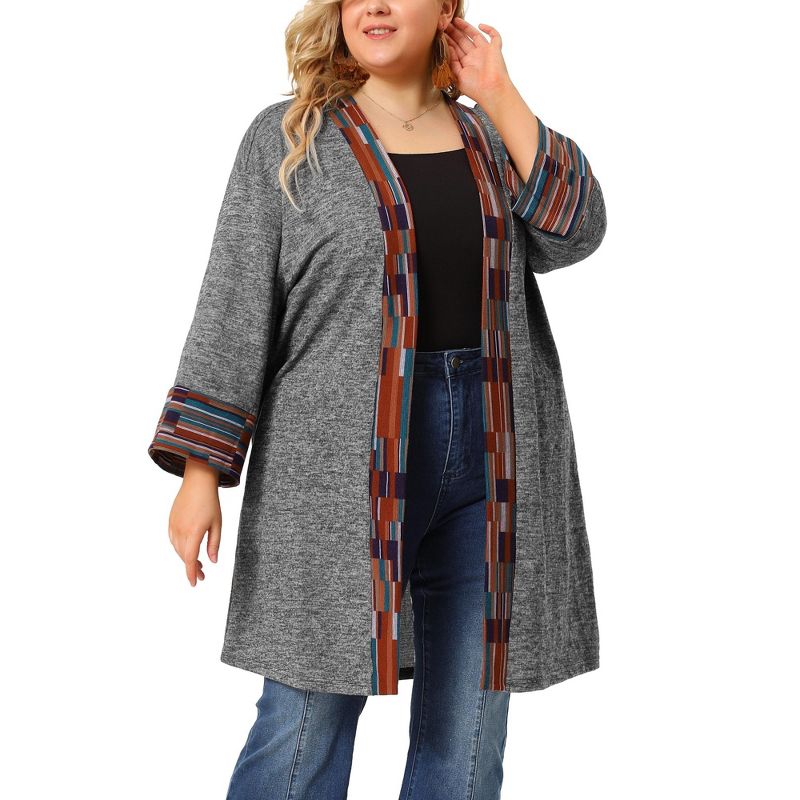 Agnes Orinda Women's Plus Size Contrast Placket Sleeves Knit Open Front Cardigans, 2 of 7