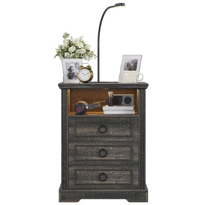 Vlsrka LED 3-Drawer Nightstand with Charging Station and Reading Light,Brown