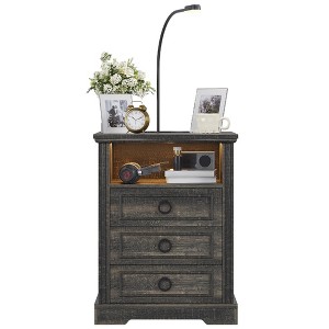Vlsrka LED 3-Drawer Nightstand with Charging Station and Reading Light,Brown - 1 of 4