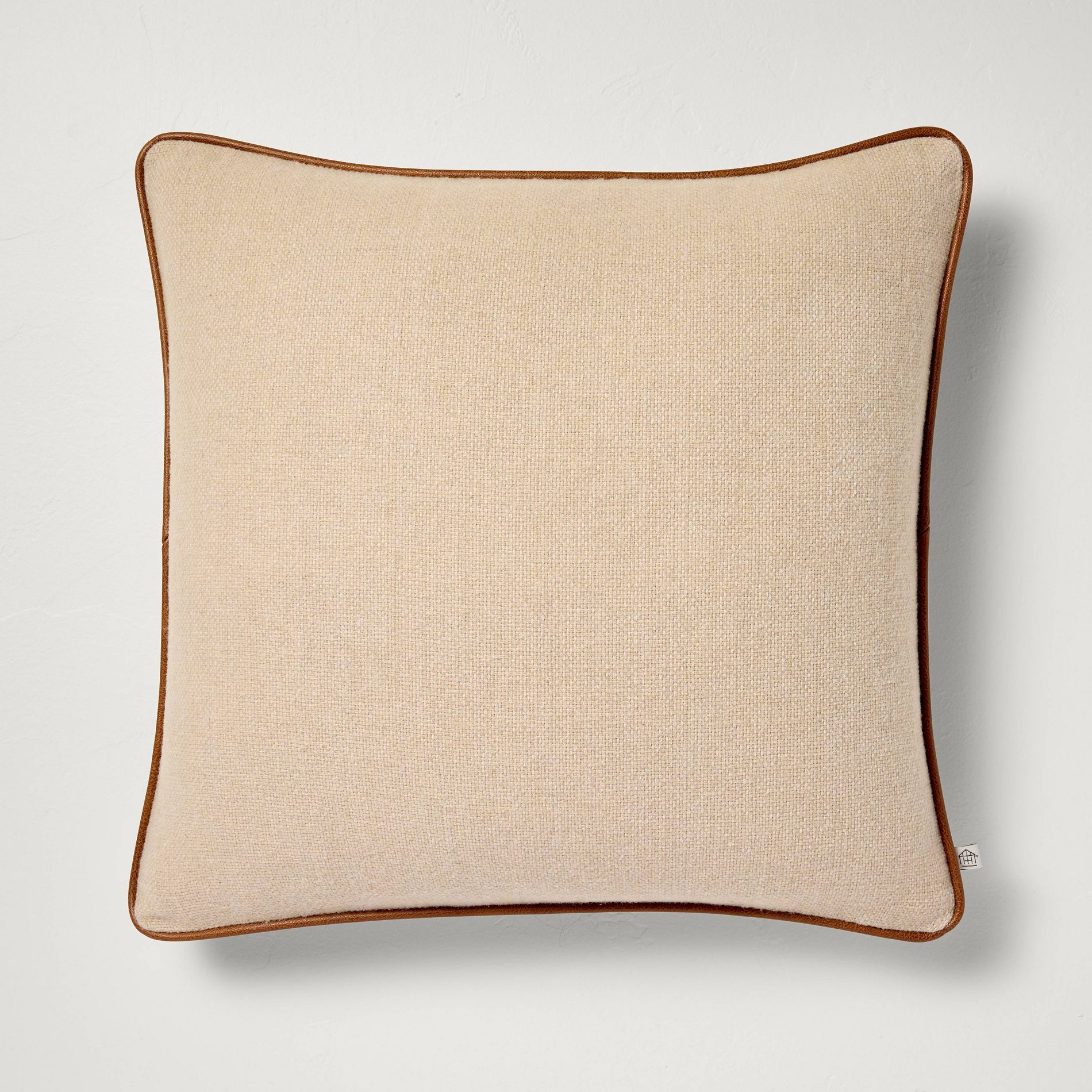 18"x18" Solid Chambray with Faux Leather Trim Square Throw Pillow Beige/Brown - Hearth & Hand™ with Magnolia