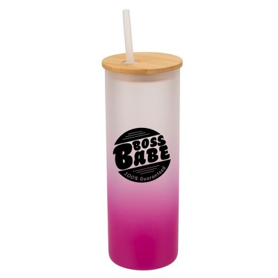 Elanze Designs Boss Babe 100% Guaranteed Wrap-Around Design 25 Ounce Frosted Gradient Glass On-The-Go Coffee Travel Skinny Tumbler Mug Cup, Bamboo Lid