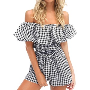 Anna-Kaci Women's Off Shoulder Short Rompers Ruffle Hem Drawstring Waist Fashion Jumpsuit - 1 of 4