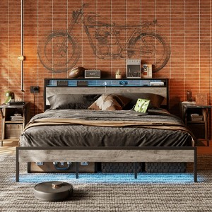 Bestier King Size Bed Frame, Metal Platform Bed with Wood Storage Headboard LED Lights and Charging Station - 1 of 4
