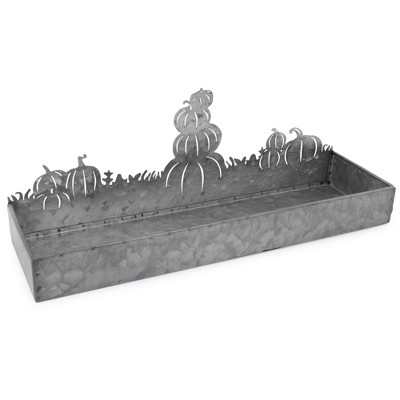 AuldHome Fall Decor Galvanized Tray, Field of Pumpkins Silhouette Farmhouse Decor Metal Tray 14 x 4 x 5 Inches