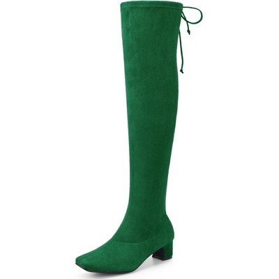 BLISSFUL STEP Square Toe Comfy Thigh High Boots Stretch Over the Knee Boots for Women