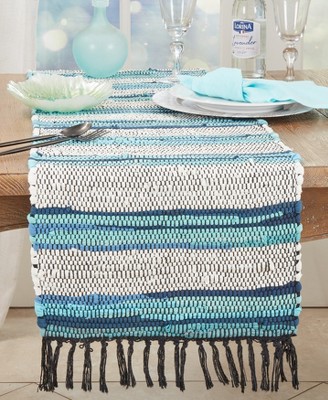Boho Chic Blue and White Cotton Chindi Table Runner with Fringe