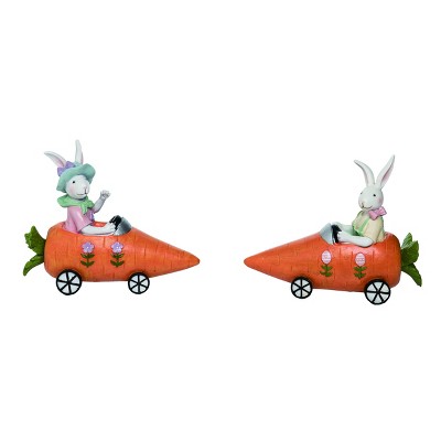 Transpac Resin Easter Bunny Driving Carrott Cars Figurines Set of 2 Home Decorations Tabletop Mantel