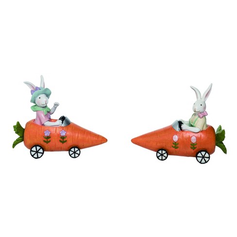 Transpac Resin Easter Bunny Driving Carrott Cars Figurines Set of 2 Home Decorations Tabletop Mantel - image 1 of 1