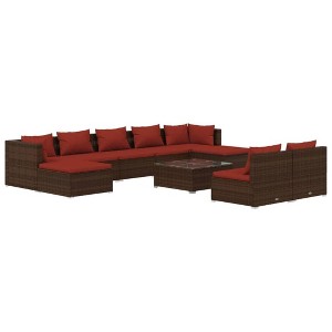 vidaXL 10 Piece Patio Lounge Set with Cushions - Outdoor Sectional Sofa - Modular Design - Water-Resistant PE Rattan - Brown and Cinnamon Red - 1 of 4