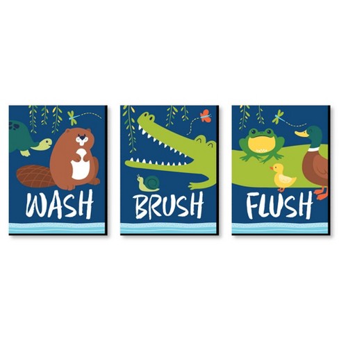 Big Dot Of Happiness Pond Pals Frog Alligator Turtle Beaver Duck Kids Bathroom Rules Wall Art 7 5 X 10 In Set Of 3 Signs Wash Brush Flush Target