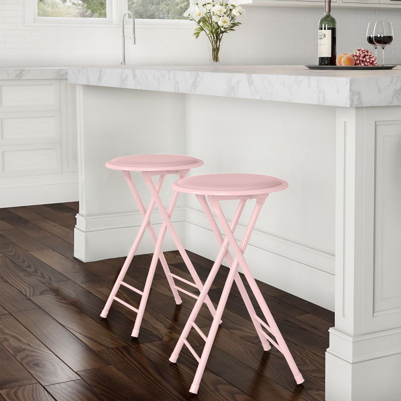 Set of 2 Counter Height Bar Stools – 24-Inch Backless Folding Chairs with 300lb Capacity for Kitchen, Rec Room, or Game Room by Trademark Home (Pink), 2 of 9
