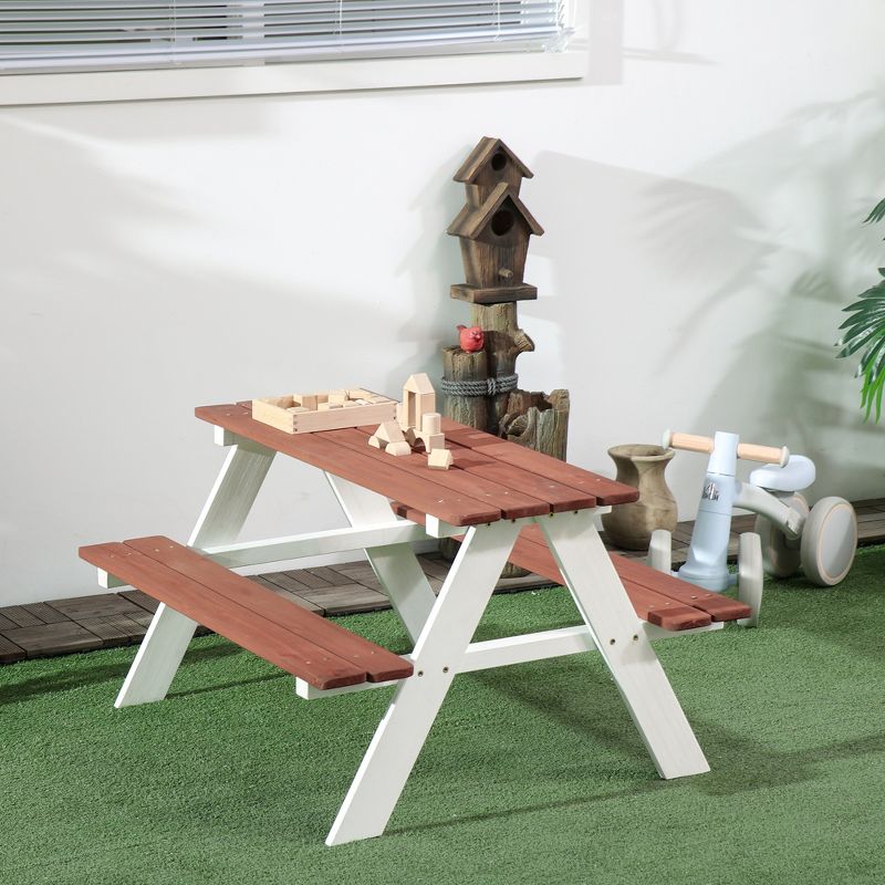 Outsunny Kids Picnic Table Set for Garden, Backyard, Wooden Table & Bench Set, Kids Patio Furniture Outdoor Toys, Aged 3-8 Years Old, Brown, 2 of 7