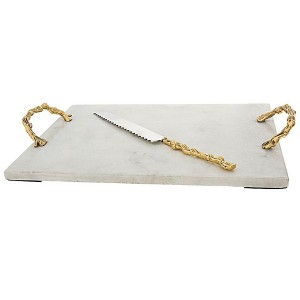 Classic Touch White Marble Challah Tray with Wooden Design Handles - 1 of 3