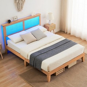 Bed Frame with Natural Rattan Headboard, Platform Queen Bed Frame with Lights, Mattress Foundation, Noise-Free - 1 of 4
