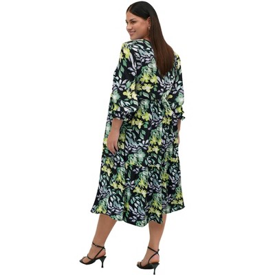 ellos Women's Plus Size V-Neck Tiered Midi Dress