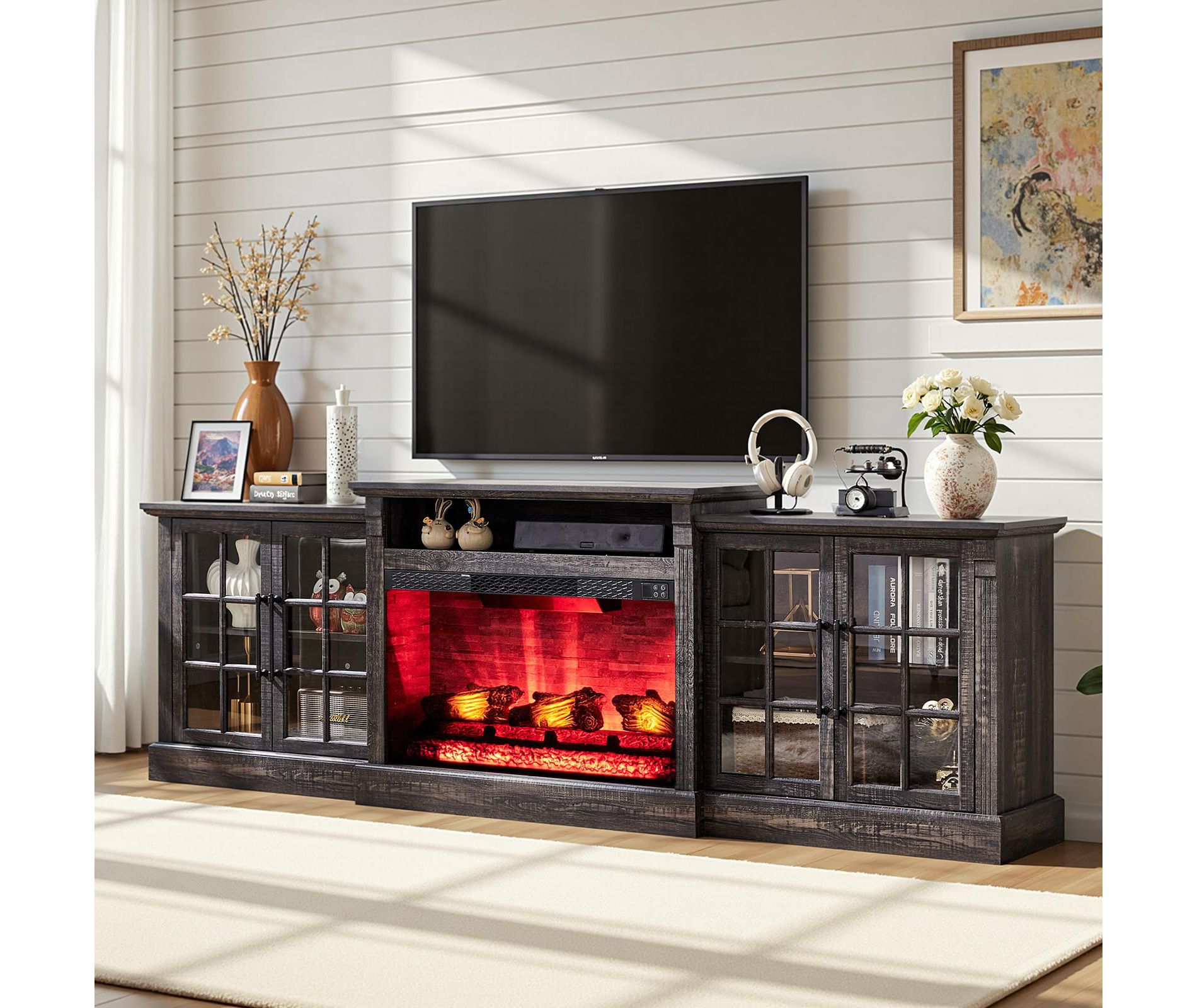 AMERLIFE Fireplace TV Stand, 97", Adjustable Shelf, Large Storage, Media Console