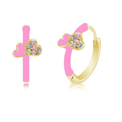 Chanteur Hypoallergenic Kids Jewelry Accessories Round Heart Pink CZ Yellow Gold Brass Plating Hypoallergenic Kids hoop Earrings