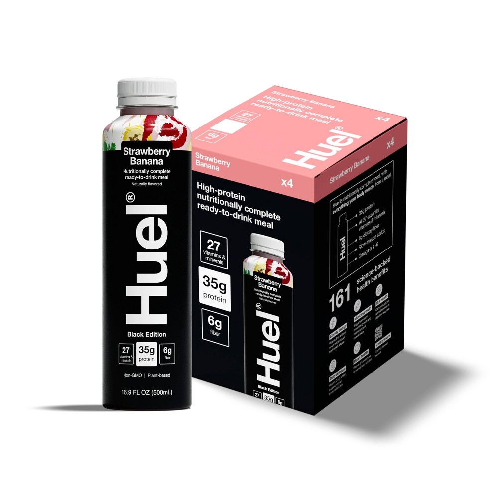 Huel Black Edition Strawberry Banana Ready-to-Drink 35g Protein Meal Replacement - 4pk: Kosher, Certified Gluten-Free, Non-GMO, Vegan