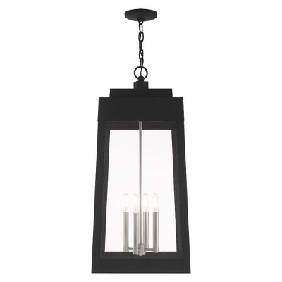 Sleek Tapered Black Brass Outdoor Pendant with Clear Glass Panels