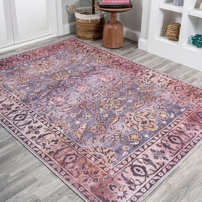 Gray and Plum Persian Floral Machine-Washable 4' x 6' Area Rug