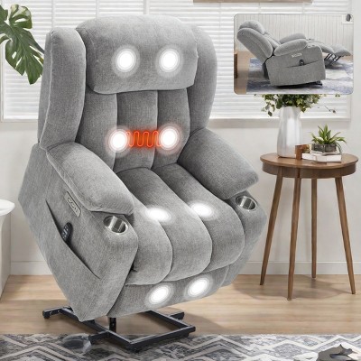 1pc Power Lift Recliner Chair, Chenille Fabric with Massage & Heat, USB Ports & Cup Holders for Elderly Support - Coolbibila