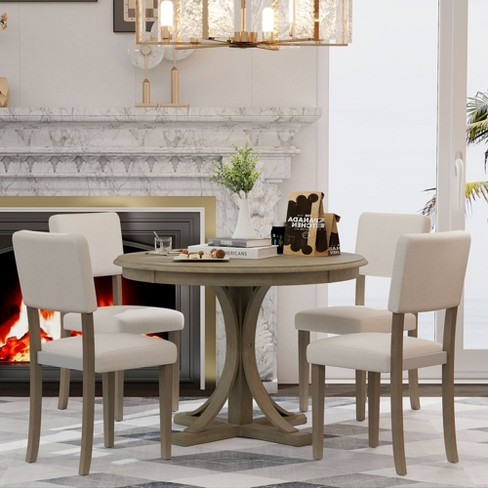 5-Piece Dining Set with Extendable Round Table and 4 Upholstered Chairs,  Natural Wood Wash - ModernLuxe